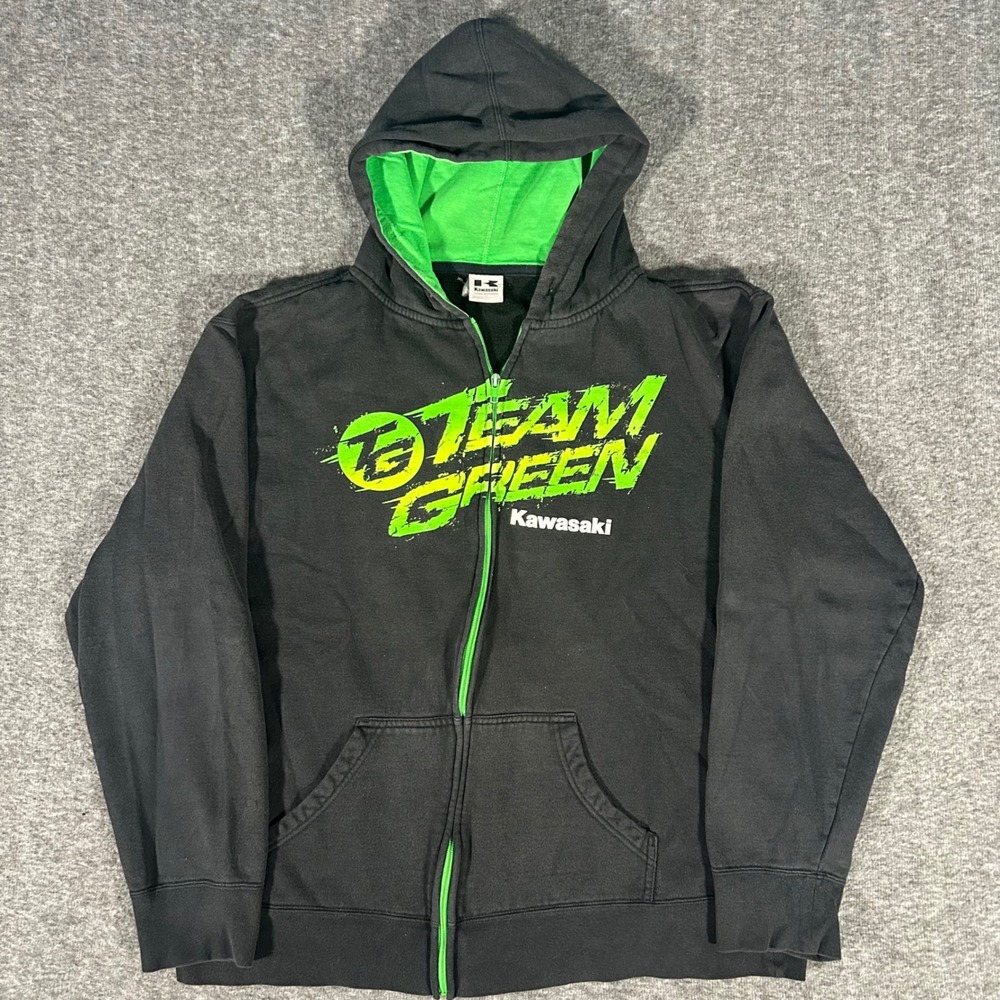 Kawasaki Team Green Zip Up Hoodie Black Green Racing Sweatshirt Mens Medium